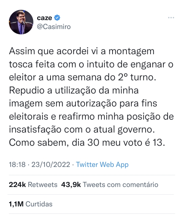 “Gigante”: Tuíte de Casimiro declarando voto em Lula bate recorde de curtidas